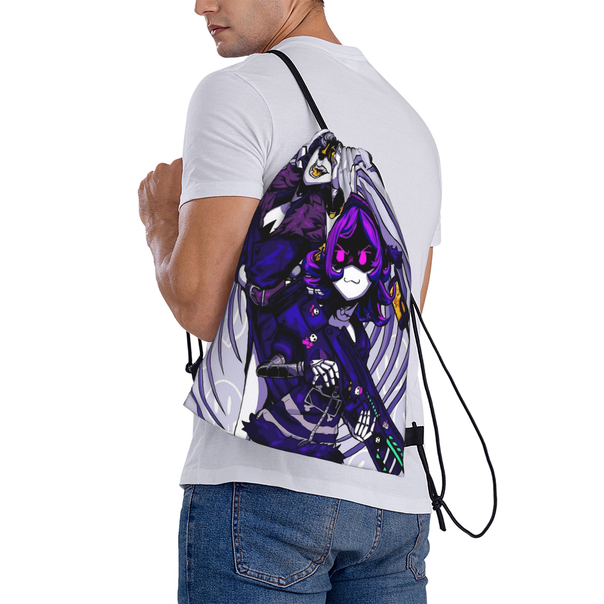 Drone Backpack - กระเป๋าเชือกรูดลายอนิเมะ Murder Drones กระเป๋าเป้กันน้ำตลกๆ กระเป๋าเชือกรูดสำหรับผู้ชาย กระเป๋าเป้กีฬาโยคะ
